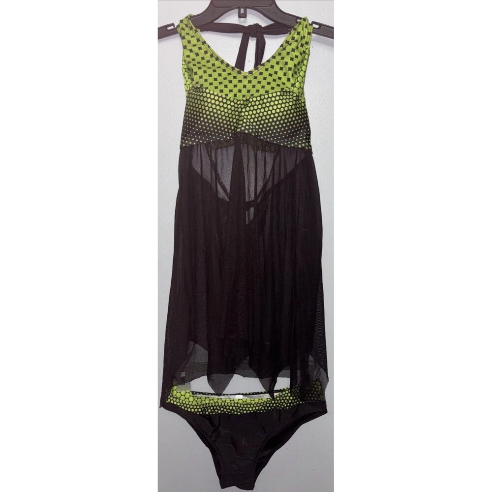 Women’s Lime Green/ Black Mesh Swim Dress Halter Top . With Bikini Bottoms Med.